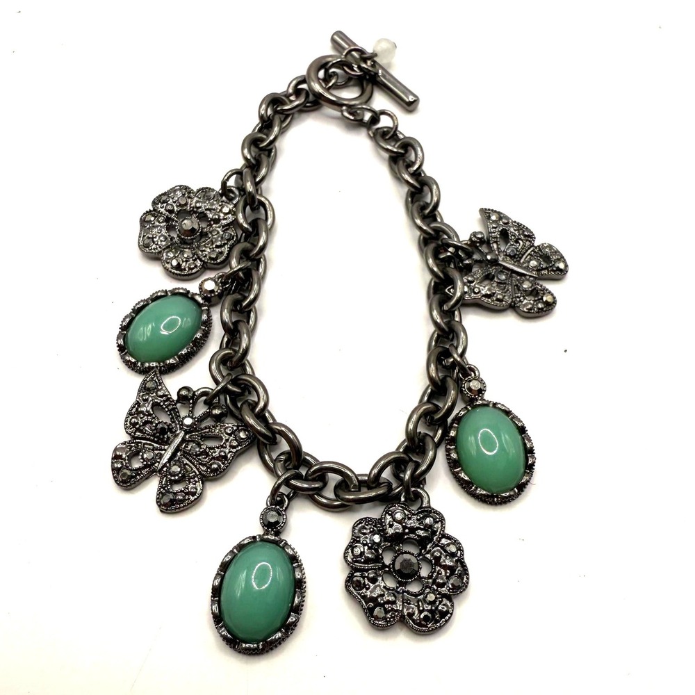 Vintage Gunmetal‎ Charm Bracelet – Green Cabochon, Flowers & Butterfly